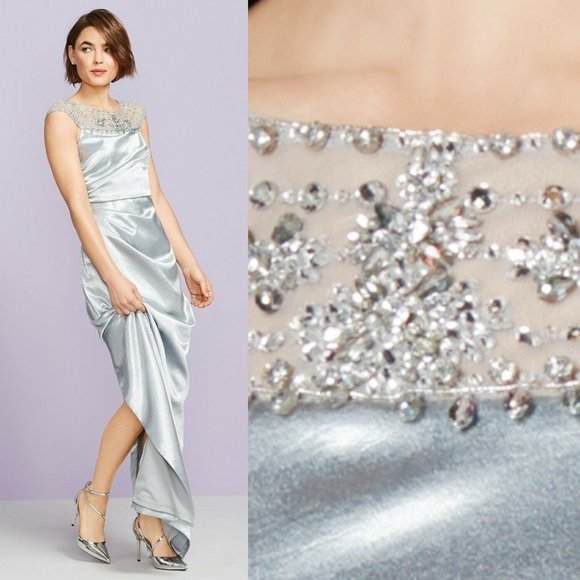 $299 NWT ADRIANNA PAPELL Women's Silver Maxi Dress 4 SMALL Mesh Beaded Ruched - Picture 11 of 12